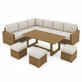 Ecksofa-Gartenset aus Akazienholz mit Tisch und Hockern in Beige