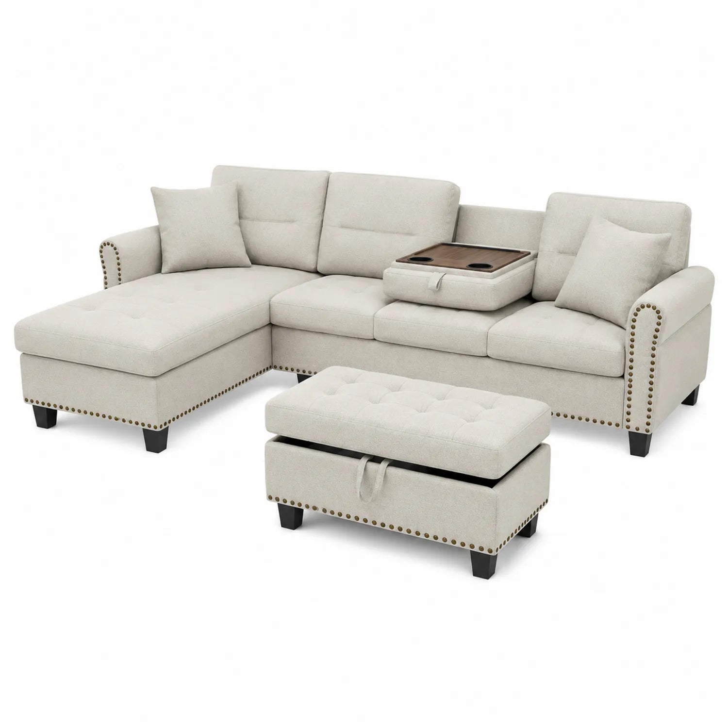 Ecksofa aus Stoff in Cremeweiß mit Ottomane