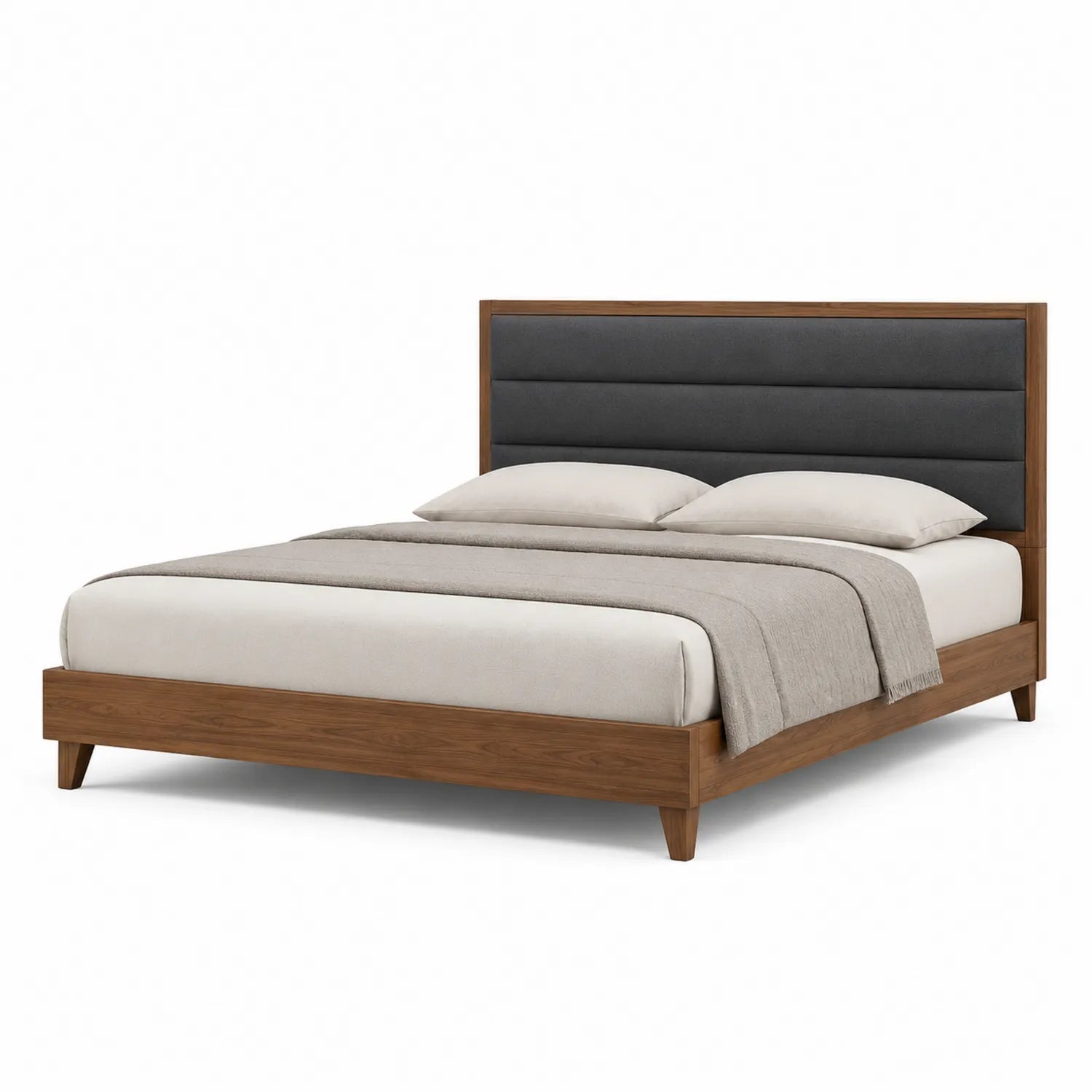 Doppelbett aus Walnussholz mit grauem Kopfteil