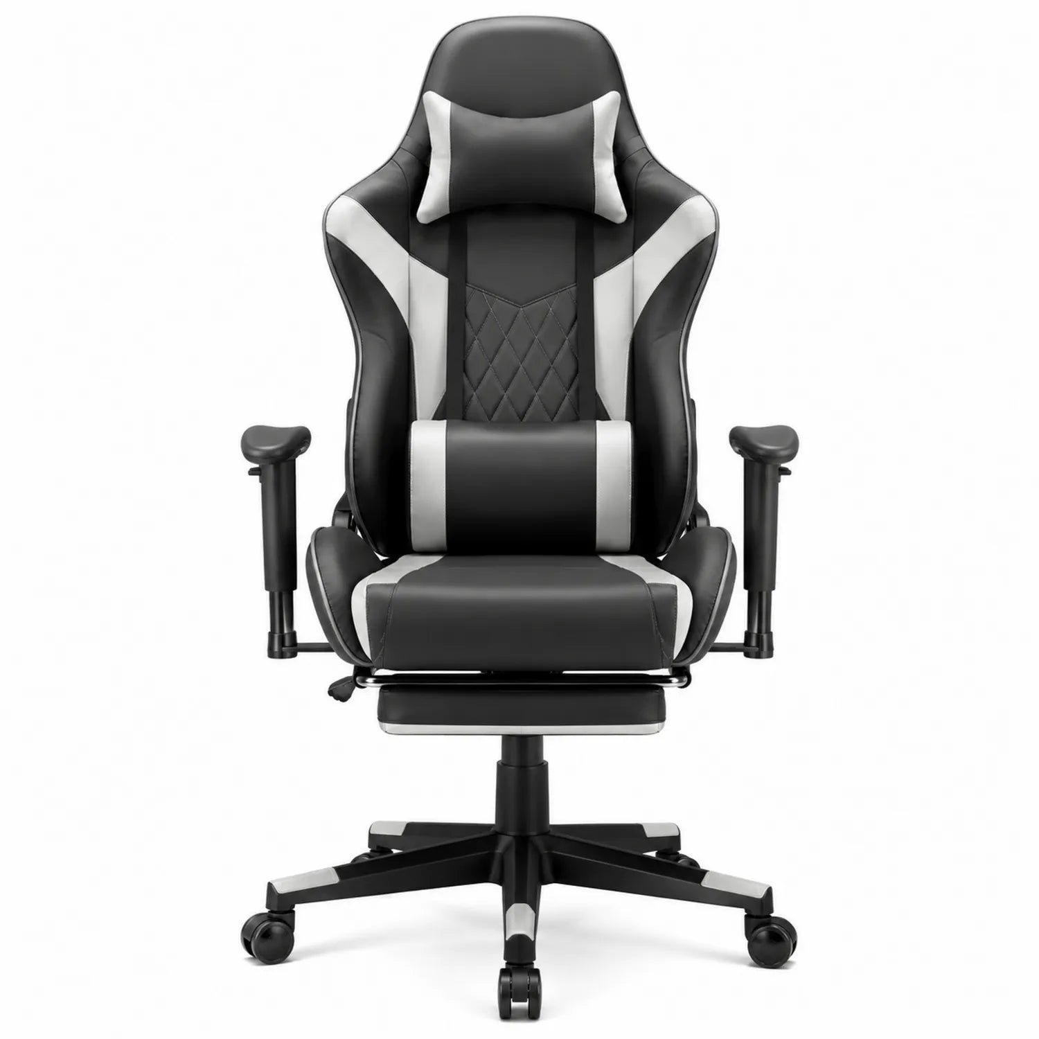 Gaming-Stuhl aus PU-Leder Schwarz/Grau mit verstellbaren Armlehnen und Lendenkissen