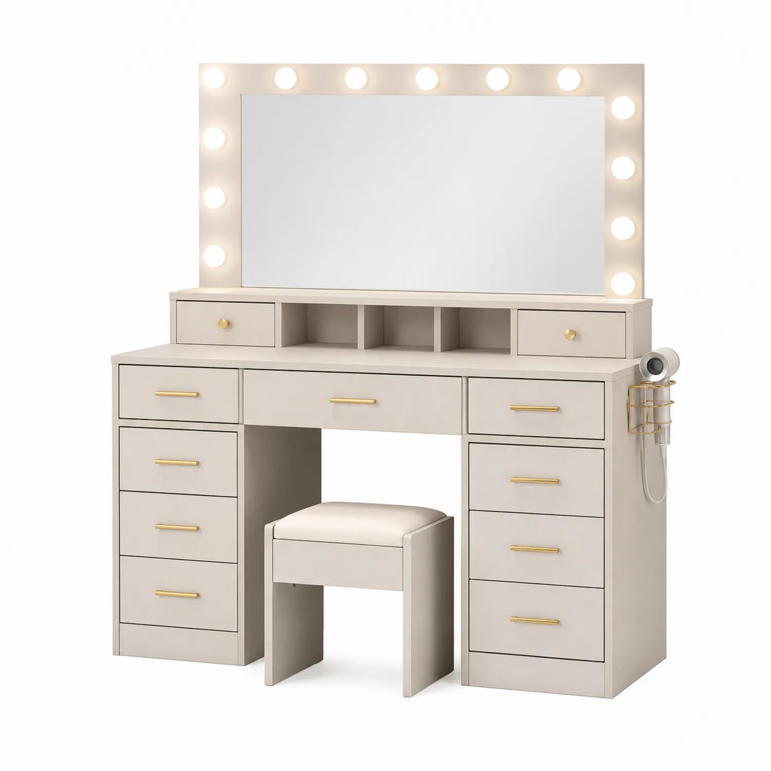 Schminktisch Set mit Hocker Spiegel Beleuchtung MDF Beige